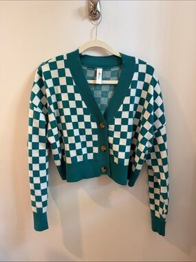 Blue and Cream Checkerboard V-Neck Button Cardigan Sweater